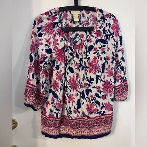 Lucy & Laurel Women’s Pink and Navy Floral Scoop-Neck Blouse size XL